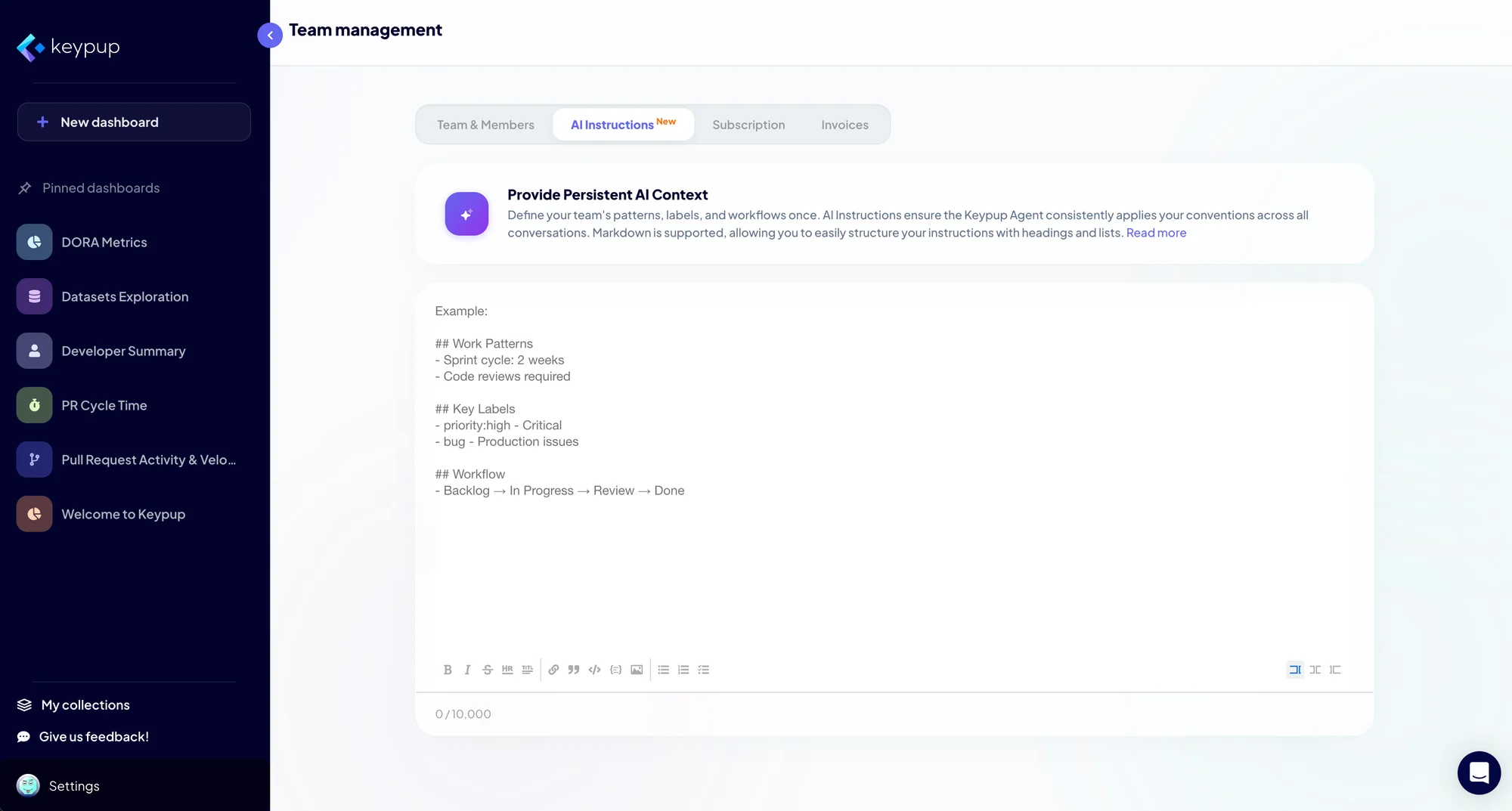 AI Instructions in Keypup team settings